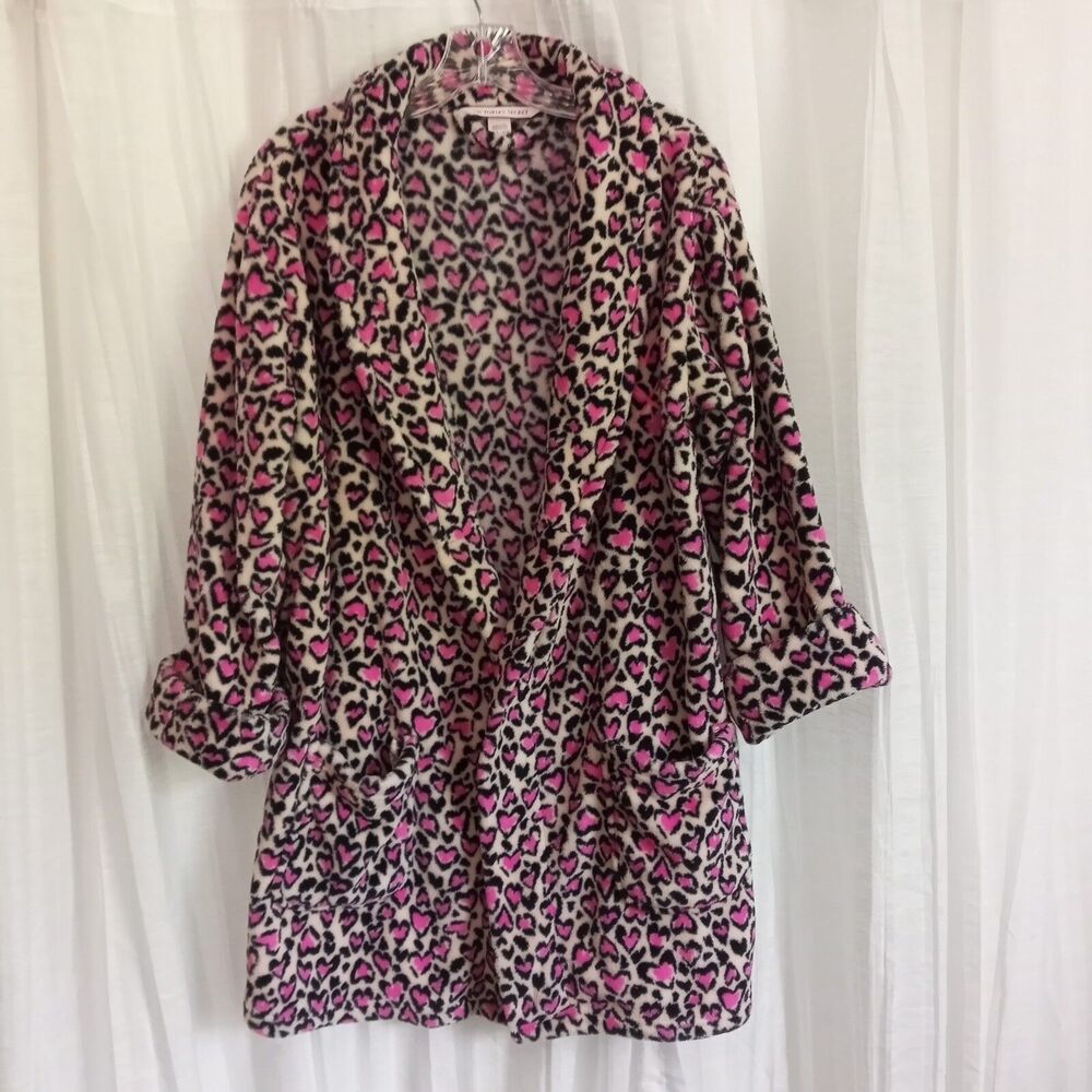Victoria's Secret FUZZY Robe Small / XS Pink Print Heart Leopard Pockets Black